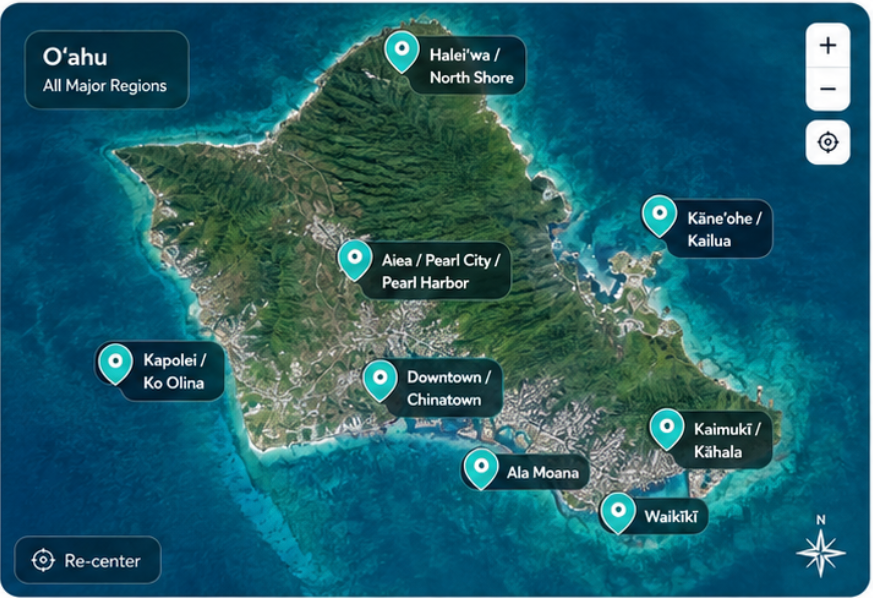 Oʻahu happy hour coverage map showing Waikīkī, Ala Moana, Downtown and Chinatown, Kaimukī and Kāhala, Kapolei and Ko Olina, Aiea and Pearl City, Kāneʻohe and Kailua, and Haleʻiwa and North Shore.
